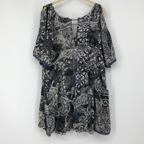 Free People blue printed Love Birds  mini dress / long tunic bohemian w/pockets - Picture 3 of 16